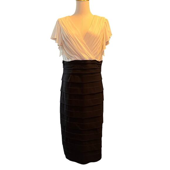 Melrose Womens Black White Colorblock Flutter Sleeve Pleated Sheath Dress Sz 14 - Picture 1 of 7